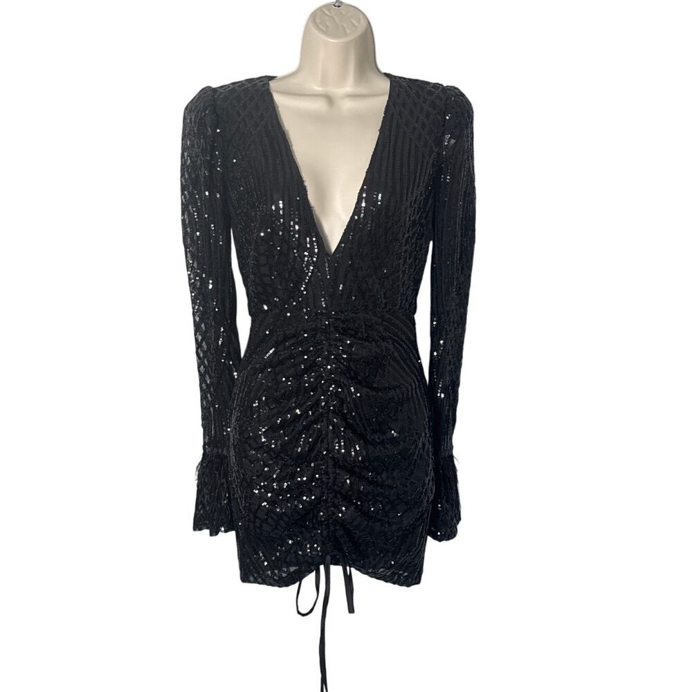 Banjul V Neck Sequin Feather Bell Sleeve Bodycon‎ Mini Dress Party NYE Size S